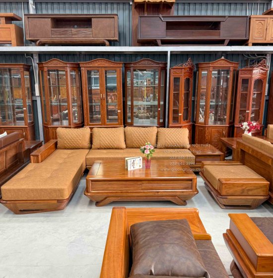 Sofa Gỗ Hương Vàng Góc L Chân Thuyền 3m15x2m15 Mẫu Nệm Da Sáng