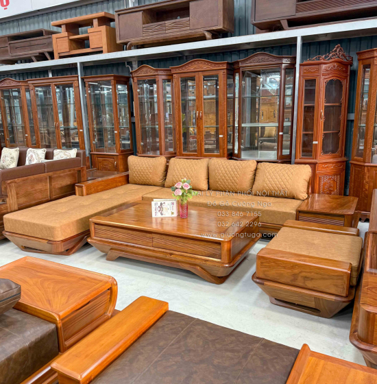 Sofa Gỗ Hương Vàng Góc L Chân Thuyền 3m15x2m15 Mẫu Nệm Da Sáng