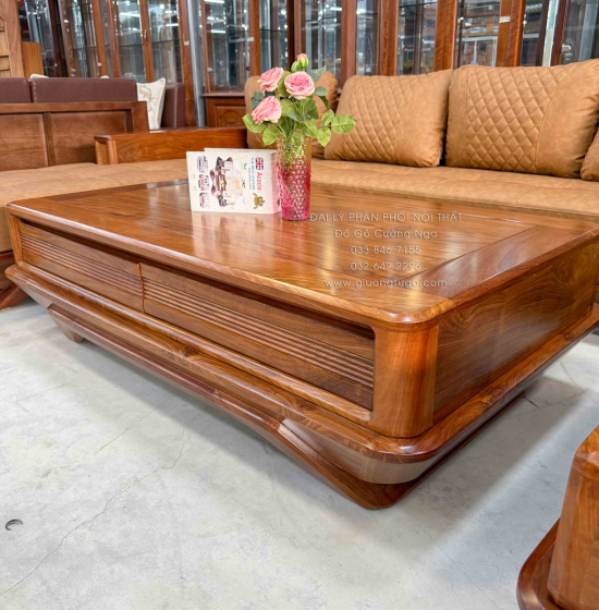 Sofa Gỗ Hương Vàng Góc L Chân Thuyền 3m15x2m15 Mẫu Nệm Da Sáng