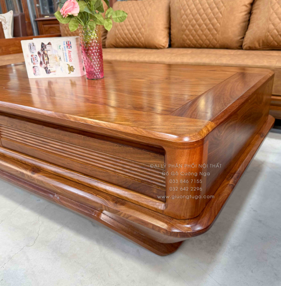 Sofa Gỗ Hương Vàng Góc L Chân Thuyền 3m15x2m15 Mẫu Nệm Da Sáng