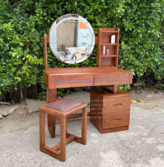 Bàn Trang Điểm Gỗ Sồi Nga Màu Óc Chó Gương LED Cảm Ứng