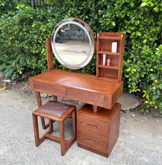 Bàn Trang Điểm Gỗ Sồi Nga Màu Óc Chó Gương LED Cảm Ứng