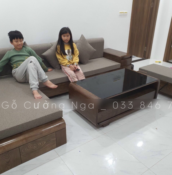 Bộ Bàn Ghế Sofa Góc L Gỗ Sồi Nga Chân Cuốn - Vế Phải Nệm Vải Bố 