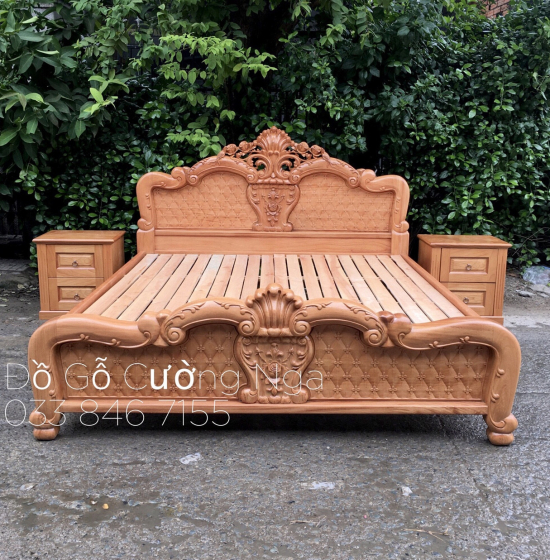 Giường ngủ gỗ gõ đỏ vạt lan - mẫu hoa hồng 