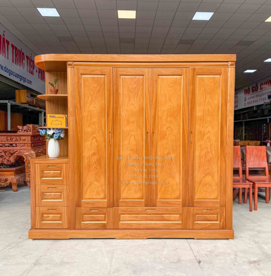 Tủ Áo Gỗ Gõ Đỏ 4 Cánh Kèm Góc Trang Trí Bo Cạnh