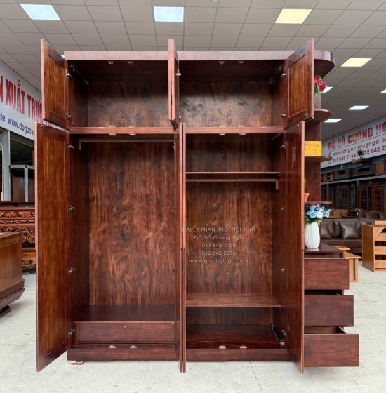 Tủ Áo Gỗ Hương Xám Màu Óc Chó 2 Tầng 4 Cánh Cánh Kèm Kệ Góc