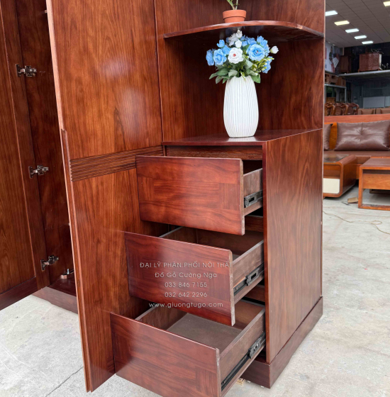 Tủ Áo Gỗ Hương Xám Màu Óc Chó 2 Tầng 4 Cánh Cánh Kèm Kệ Góc