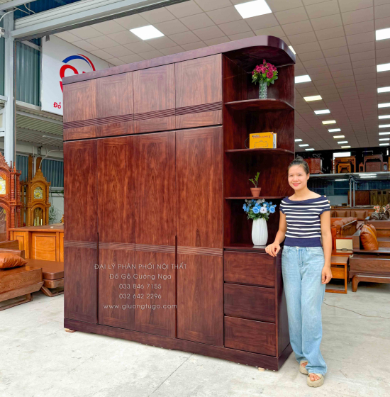 Tủ Áo Gỗ Hương Xám Màu Óc Chó 2 Tầng 4 Cánh Cánh Kèm Kệ Góc