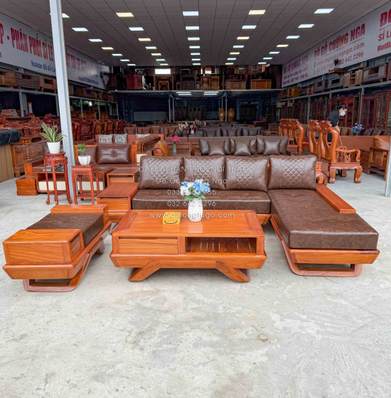 Sofa Gỗ Gõ Đỏ Góc L 2m8x1m8 Chân Thuyền Nệm Cao Su Cao Cấp