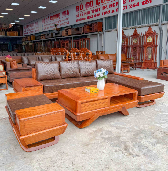 Sofa Gỗ Gõ Đỏ Góc L 2m8x1m8 Chân Thuyền Nệm Cao Su Cao Cấp
