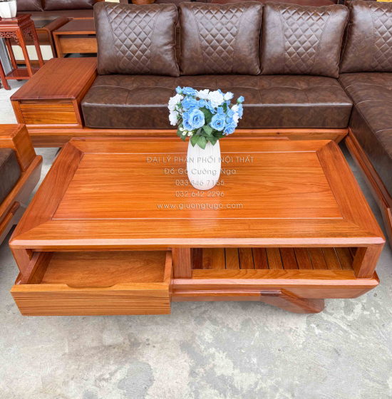 Sofa Gỗ Gõ Đỏ Góc L 2m8x1m8 Chân Thuyền Nệm Cao Su Cao Cấp