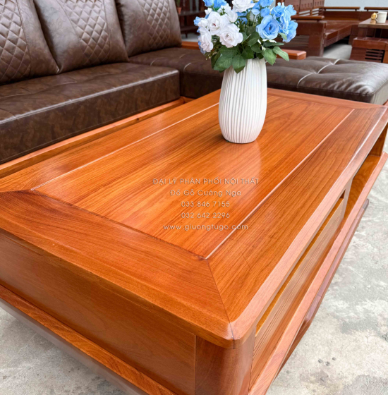 Sofa Gỗ Gõ Đỏ Góc L 2m8x1m8 Chân Thuyền Nệm Cao Su Cao Cấp