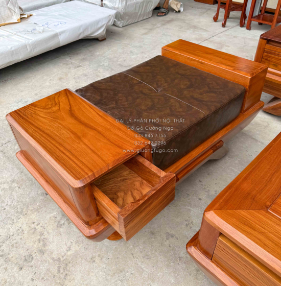 Sofa Gỗ Gõ Đỏ Góc L 2m8x1m8 Chân Thuyền Nệm Cao Su Cao Cấp