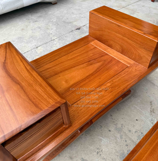 Sofa Gỗ Gõ Đỏ Góc L 2m8x1m8 Chân Thuyền Nệm Cao Su Cao Cấp