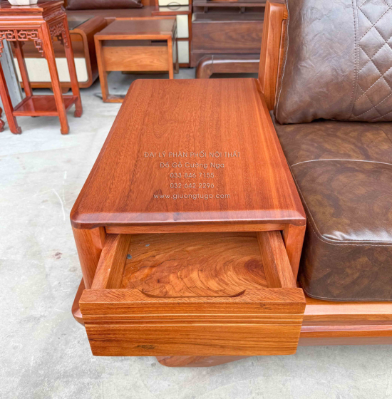 Sofa Gỗ Gõ Đỏ Góc L 2m8x1m8 Chân Thuyền Nệm Cao Su Cao Cấp