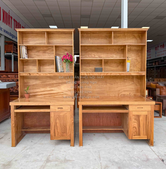 Bàn Học Sinh Gỗ Hương Xám Kết Hợp Giá Sách