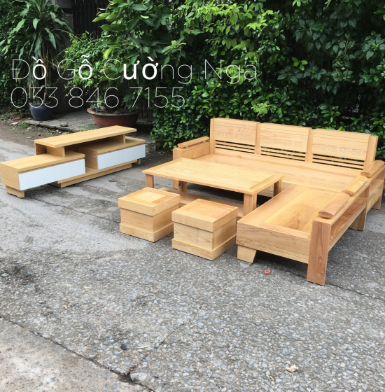 Bàn Ghế Sofa Gỗ Sồi Nga 2mx1m8 Góc L Tay Trứng - Màu Tự Nhiên 
