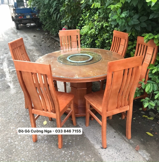 Bộ bàn ăn tròn mâm xoay gỗ sồi nga 6 ghế - màu cánh gián BG 069