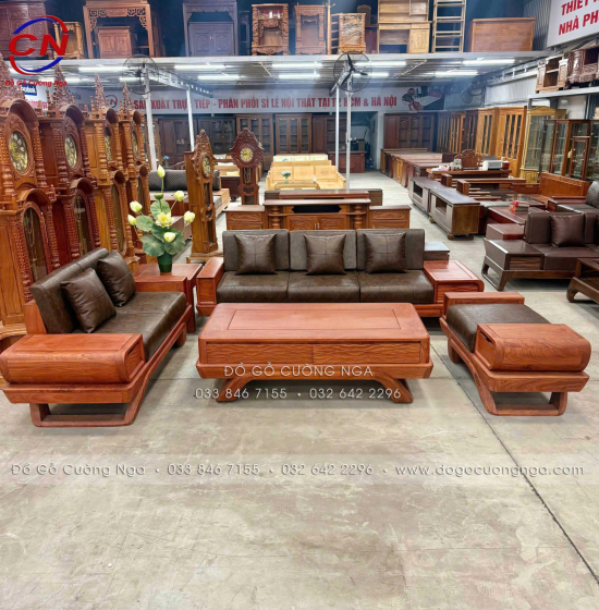 Sofa Gỗ Hương Đá 2 Văng Cao Cấp Kèm Nệm Vế Trái 