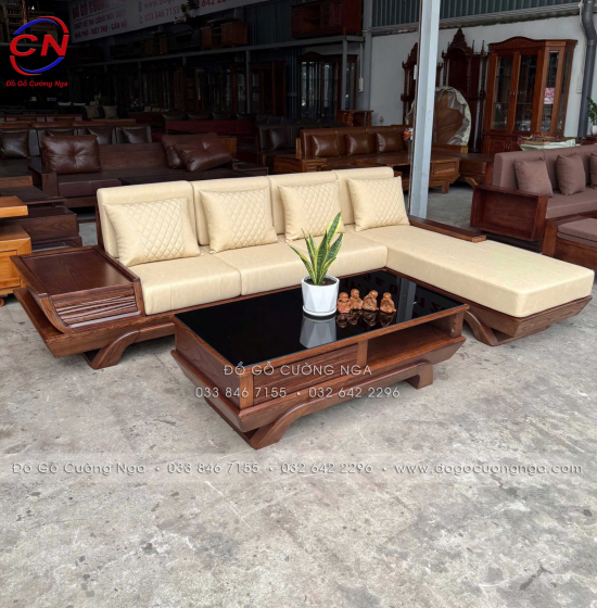 Bộ Sofa Gỗ Sồi Nga Góc L 2m8x1m8 Kèm Nệm Kem Sang Trọng 