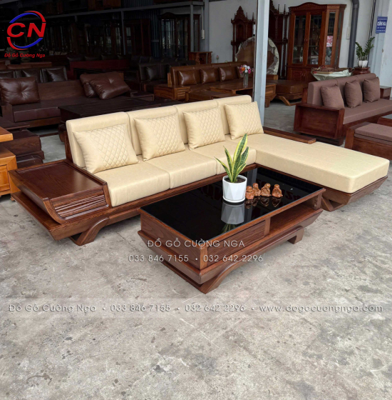 Bộ Sofa Gỗ Sồi Nga Góc L 2m8x1m8 Kèm Nệm Kem Sang Trọng 