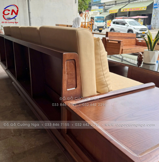 Bộ Sofa Gỗ Sồi Nga Góc L 2m8x1m8 Kèm Nệm Kem Sang Trọng 