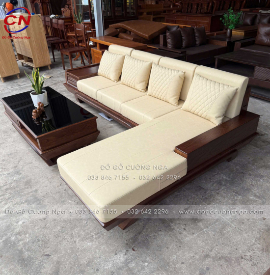 Bộ Sofa Gỗ Sồi Nga Góc L 2m8x1m8 Kèm Nệm Kem Sang Trọng 