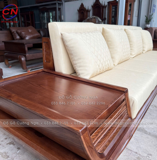 Bộ Sofa Gỗ Sồi Nga Góc L 2m8x1m8 Kèm Nệm Kem Sang Trọng 