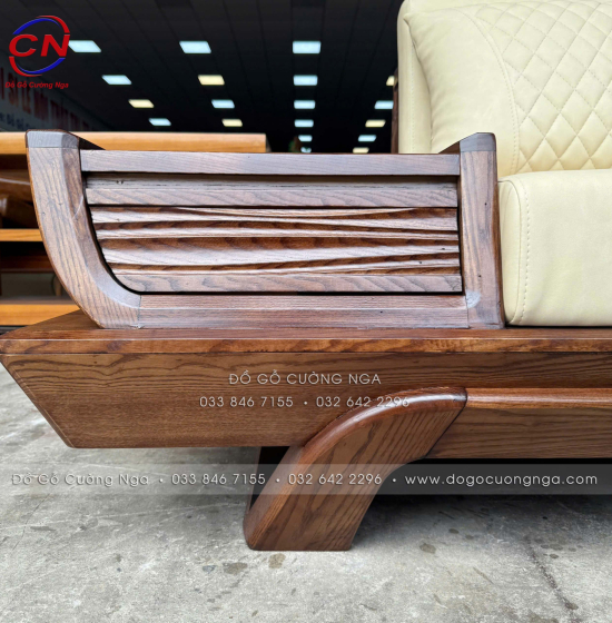 Bộ Sofa Gỗ Sồi Nga Góc L 2m8x1m8 Kèm Nệm Kem Sang Trọng 