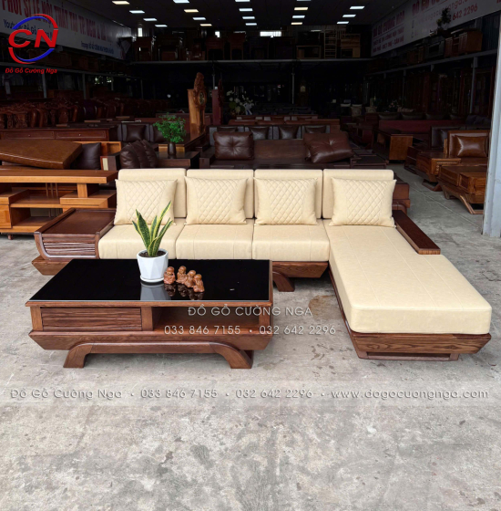 Bộ Sofa Gỗ Sồi Nga Góc L 2m8x1m8 Kèm Nệm Kem Sang Trọng 