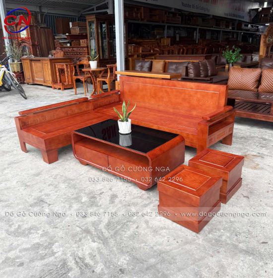 Bộ Sofa Gỗ Sồi Nga Góc L 2mx1m8 - Tay Trứng Kèm Nệm 