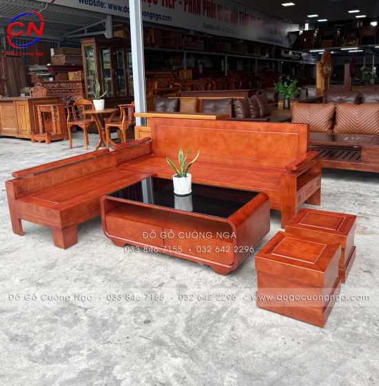 Bộ Sofa Gỗ Sồi Nga Góc L 2mx1m8 - Tay Trứng Kèm Nệm 