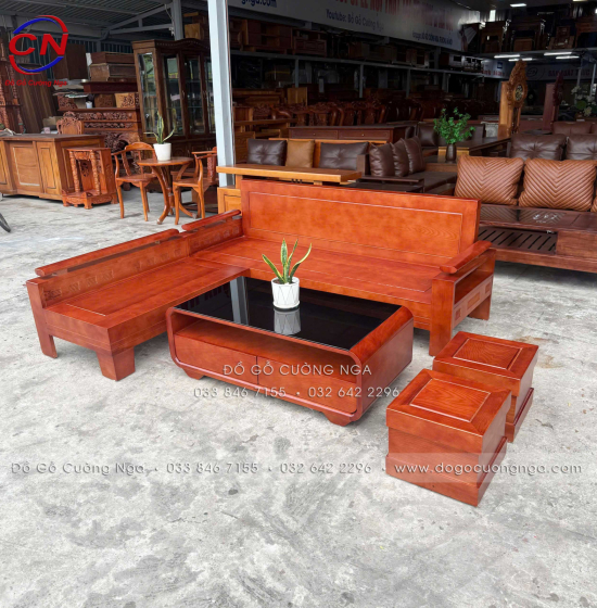 Bộ Sofa Gỗ Sồi Nga Góc L 2mx1m8 - Tay Trứng Kèm Nệm 