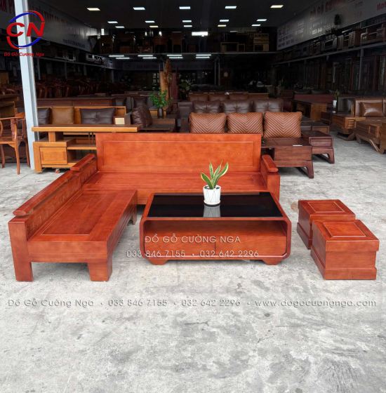 Bộ Sofa Gỗ Sồi Nga Góc L 2mx1m8 - Tay Trứng Kèm Nệm 