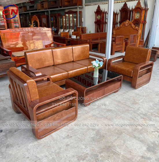 Sofa Đối Xứng Gỗ Sồi Nga Lau Màu Óc Chó Tay Vòng Kèm Nệm Cao Cấp
