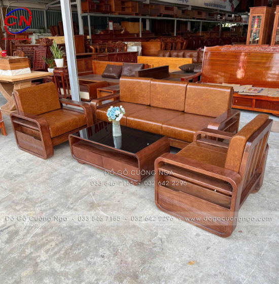 Sofa Đối Xứng Gỗ Sồi Nga Lau Màu Óc Chó Tay Vòng Kèm Nệm Cao Cấp