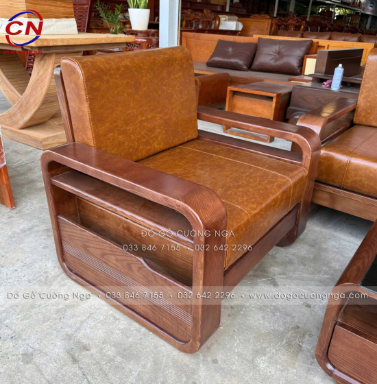 Sofa Đối Xứng Gỗ Sồi Nga Lau Màu Óc Chó Tay Vòng Kèm Nệm Cao Cấp