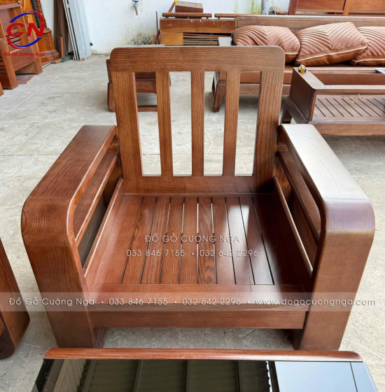 Sofa Đối Xứng Gỗ Sồi Nga Lau Màu Óc Chó Tay Vòng Kèm Nệm Cao Cấp