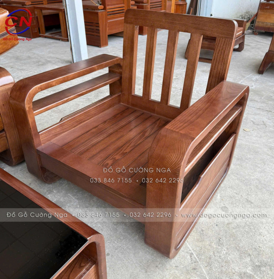 Sofa Đối Xứng Gỗ Sồi Nga Lau Màu Óc Chó Tay Vòng Kèm Nệm Cao Cấp