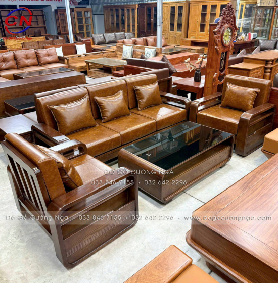 Sofa Đối Xứng Gỗ Sồi Nga Lau Màu Óc Chó Tay Vòng Kèm Nệm Cao Cấp