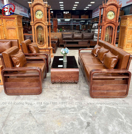 Sofa Đối Xứng Gỗ Sồi Nga Lau Màu Óc Chó Tay Vòng Kèm Nệm Cao Cấp