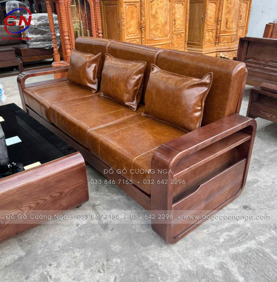 Sofa Đối Xứng Gỗ Sồi Nga Lau Màu Óc Chó Tay Vòng Kèm Nệm Cao Cấp