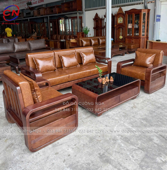 Sofa Đối Xứng Gỗ Sồi Nga Lau Màu Óc Chó Tay Vòng Kèm Nệm Cao Cấp
