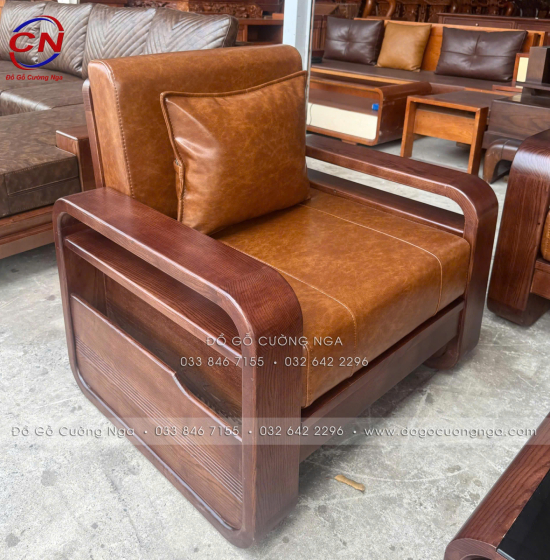 Sofa Đối Xứng Gỗ Sồi Nga Lau Màu Óc Chó Tay Vòng Kèm Nệm Cao Cấp