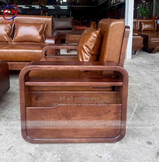 Sofa Đối Xứng Gỗ Sồi Nga Lau Màu Óc Chó Tay Vòng Kèm Nệm Cao Cấp