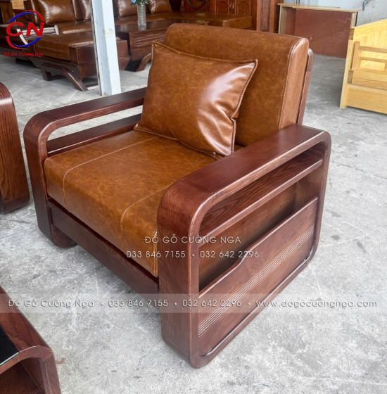 Sofa Đối Xứng Gỗ Sồi Nga Lau Màu Óc Chó Tay Vòng Kèm Nệm Cao Cấp