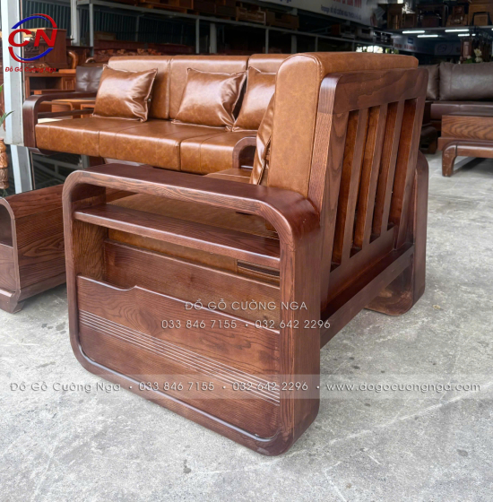 Sofa Đối Xứng Gỗ Sồi Nga Lau Màu Óc Chó Tay Vòng Kèm Nệm Cao Cấp