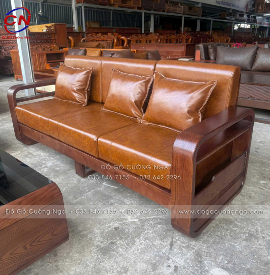 Sofa Đối Xứng Gỗ Sồi Nga Lau Màu Óc Chó Tay Vòng Kèm Nệm Cao Cấp