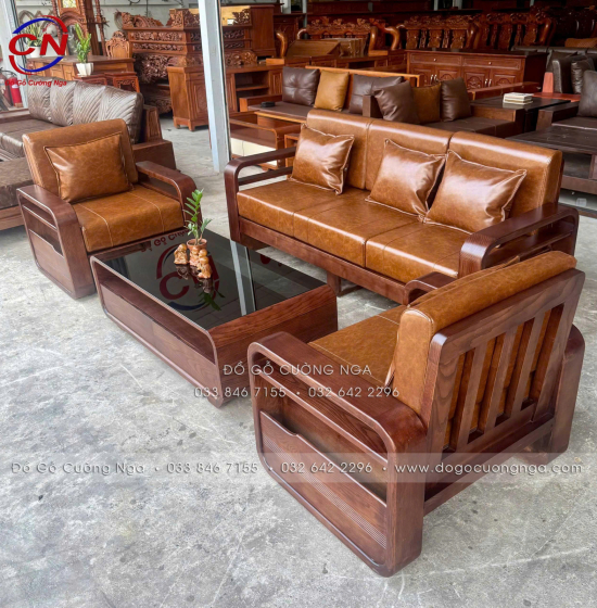 Sofa Đối Xứng Gỗ Sồi Nga Lau Màu Óc Chó Tay Vòng Kèm Nệm Cao Cấp