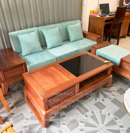 Sofa Gỗ Xoan Đào 1 Văng 3 Chi Tiết (Tặng Kính Bàn)
